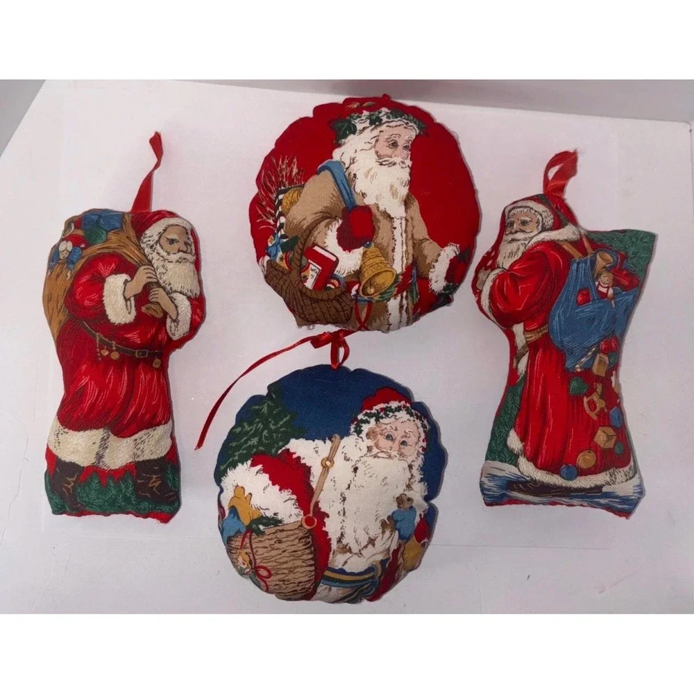 4 Vintage Fabric Pillow Christmas Ornaments Father Christmas Santa